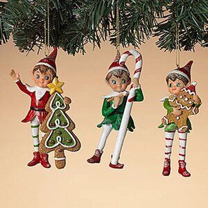 Christmas Elf with Sweets Retro Vintage Inspired Resin Ornament Set 3 4.75"